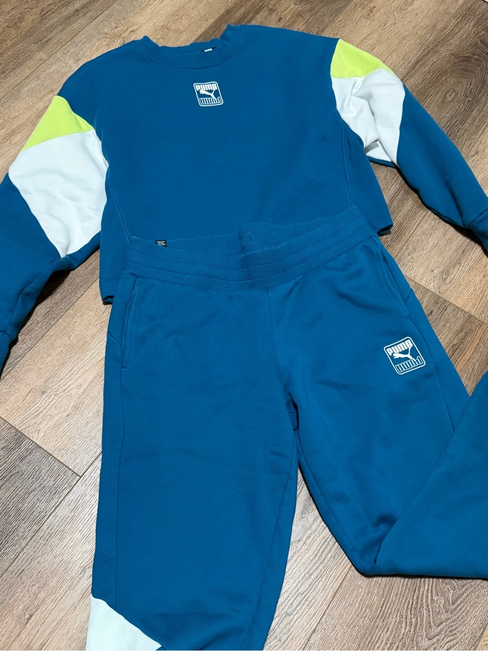 Puma Teal Blue Colorblock Sweatshirt & Joggers Set with Neon Yellow Accents